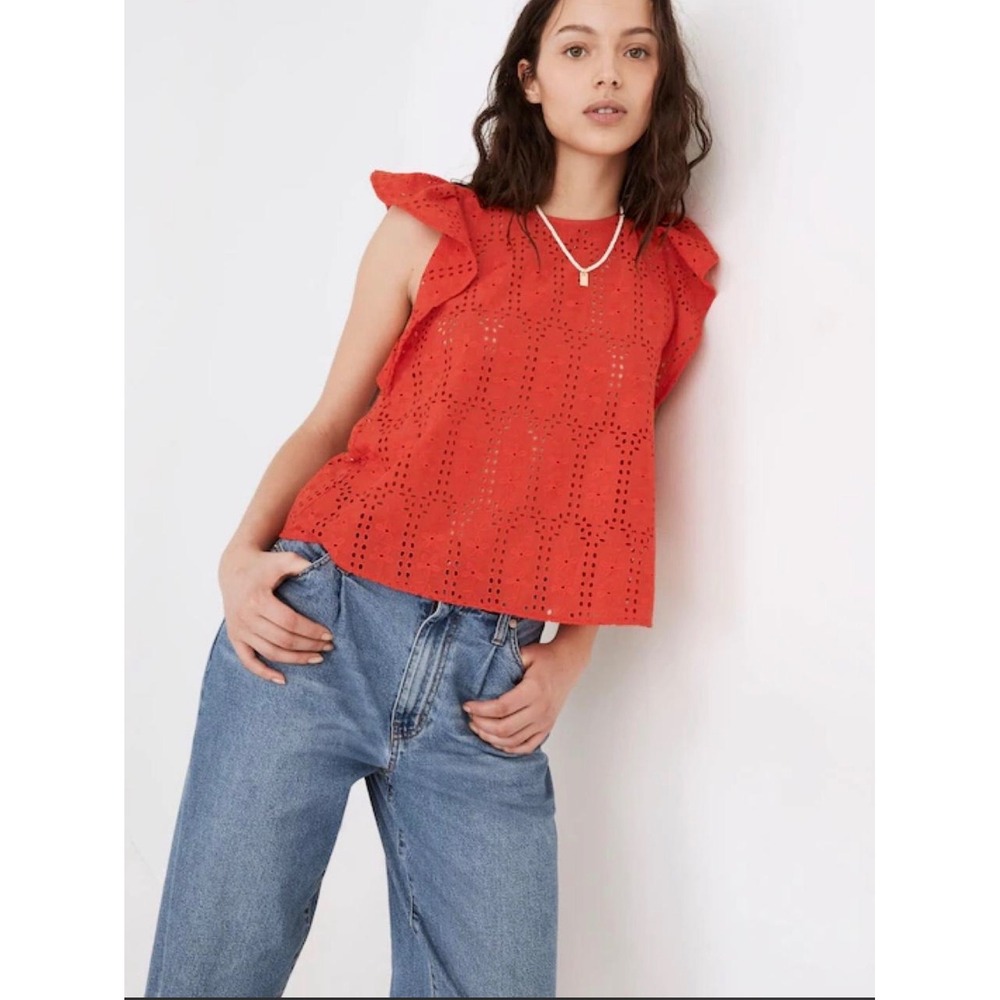 Madewell Red Eyelet Flutter Sleeve Blouse Cotton Floral Ruffle Top XS